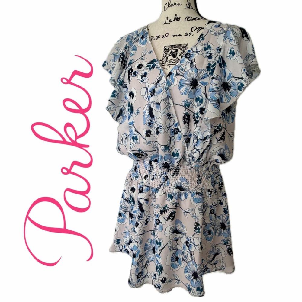 Parker Dress Pink/Blue Floral Waist Smocked‎ Flutter Sleeves Sz M Ballerina core